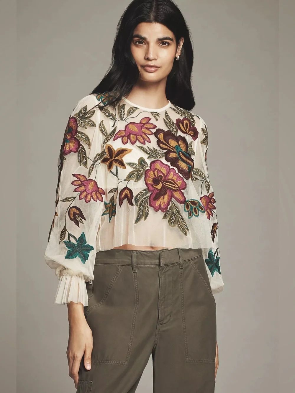 Anthropologie The Layla Long-Sleeve Appliqué Mesh Blouse Size S